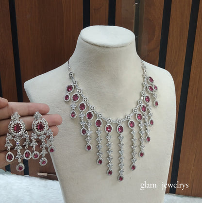 Silver Ruby American Diamond AD Luna Necklace Set /Indian Necklace Set