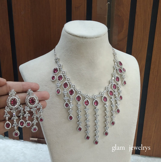 Silver Ruby American Diamond AD Luna Necklace Set /Indian Necklace Set