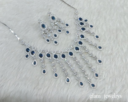 Silver Blue American Diamond AD Luna Necklace Set /Indian Necklace Set