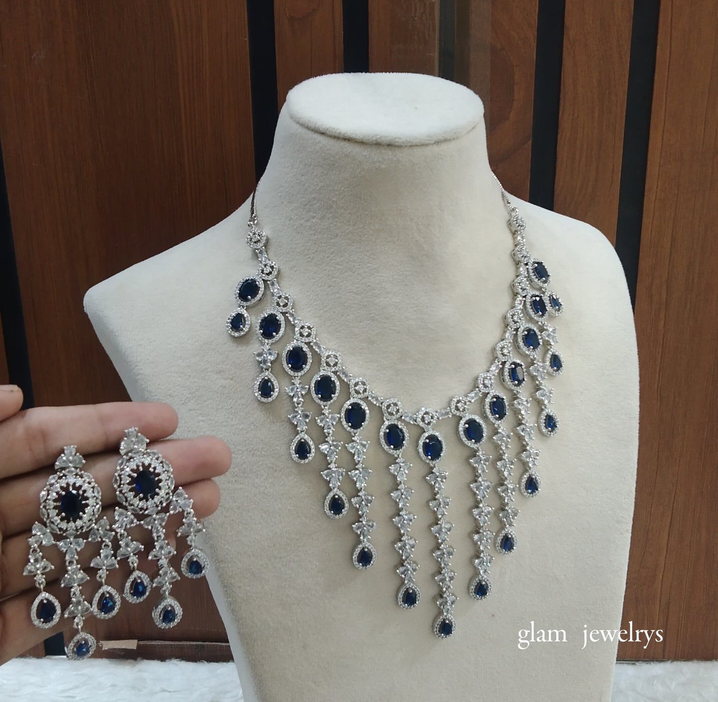 Silver Blue American Diamond AD Luna Necklace Set /Indian Necklace Set