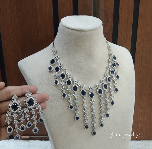 Silver Blue American Diamond AD Luna Necklace Set /Indian Necklace Set