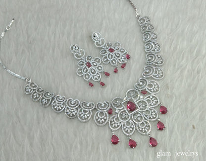 Silver Ruby American Diamond AD Vera Necklace Set /Indian Necklace Set