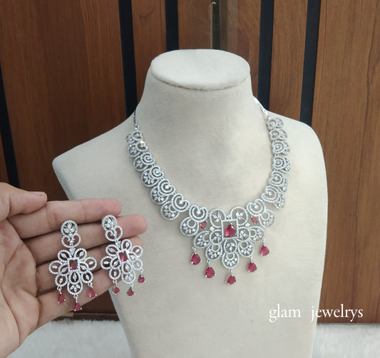 Silver Ruby American Diamond AD Vera Necklace Set /Indian Necklace Set