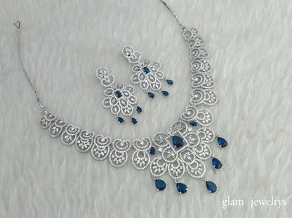 Silver Blue American Diamond AD Vera Necklace Set /Indian Necklace Set