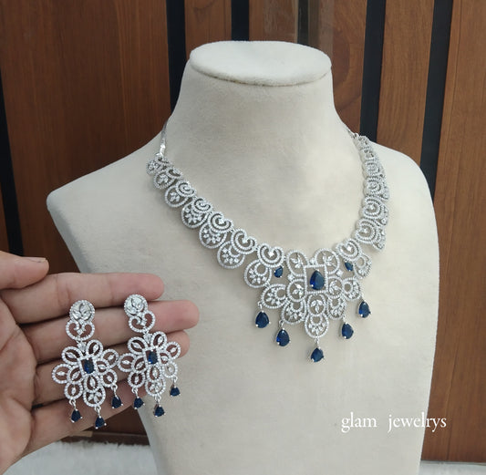 Silver Blue American Diamond AD Vera Necklace Set /Indian Necklace Set
