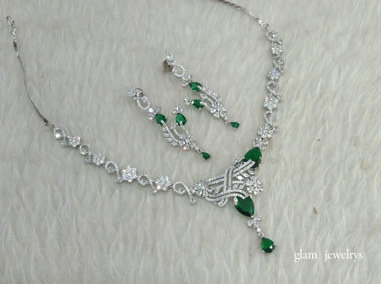 Silver Green American Diamond AD Vera Necklace Set /Indian Necklace Set