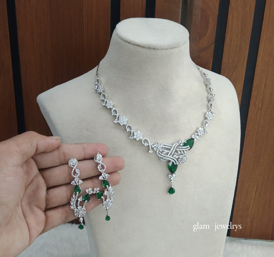 Silver Green American Diamond AD Vera Necklace Set /Indian Necklace Set