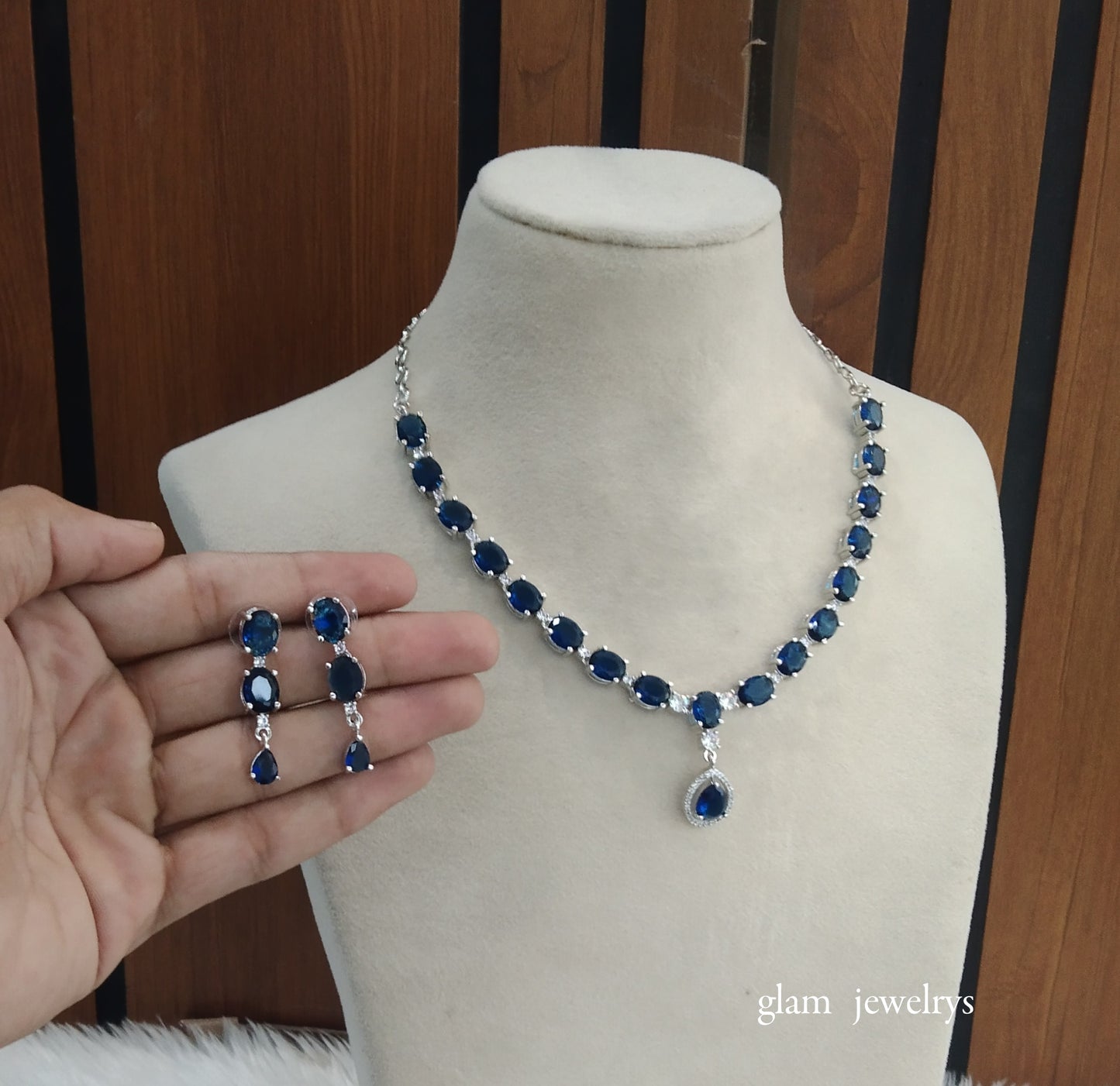 Silver Blue American Diamond AD Guneet Necklace Set /Indian Necklace Set