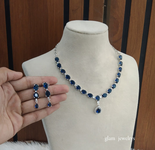 Silver Blue American Diamond AD Guneet Necklace Set /Indian Necklace Set