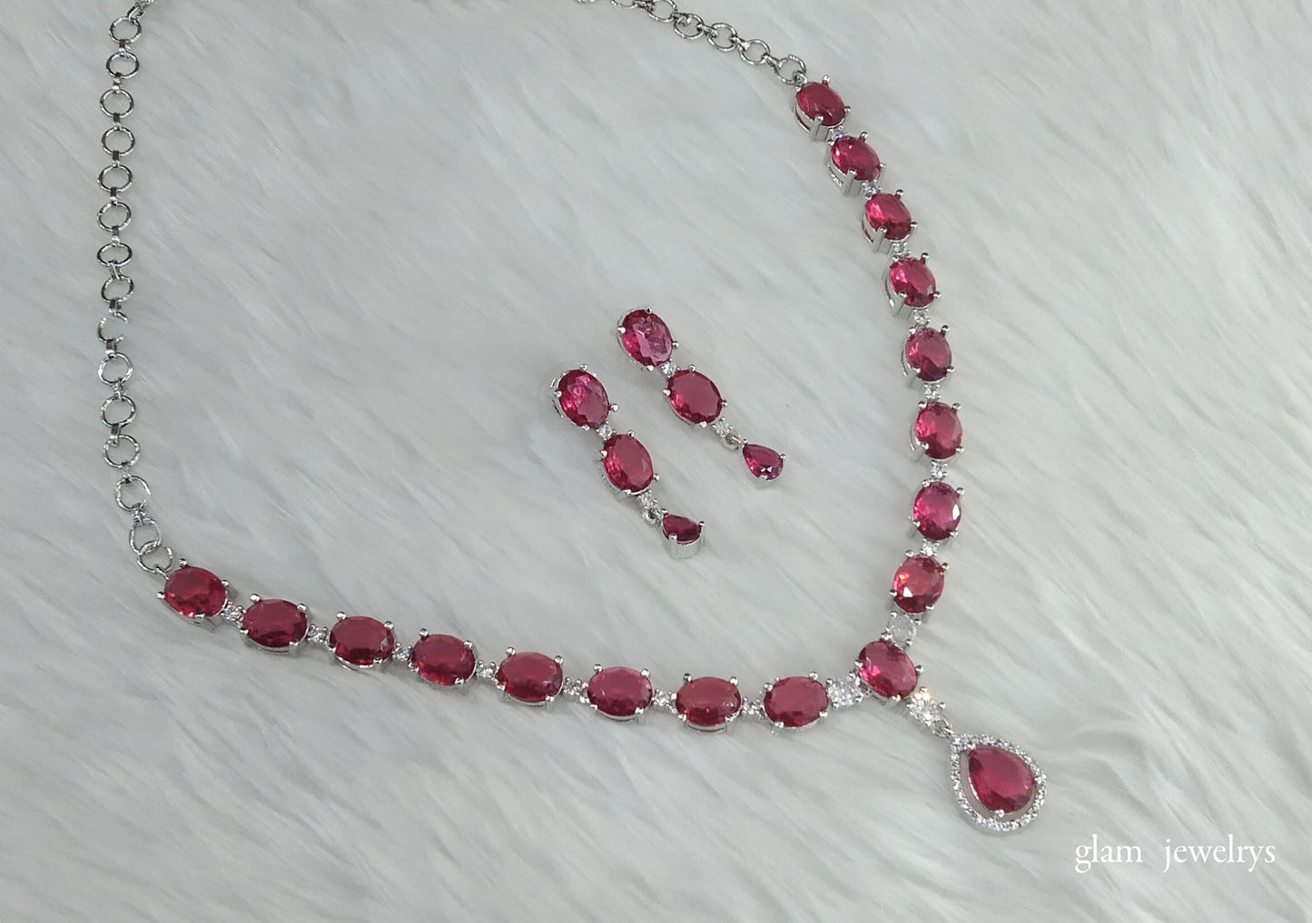 Silver Ruby American Diamond AD Guneet Necklace Set /Indian Necklace Set
