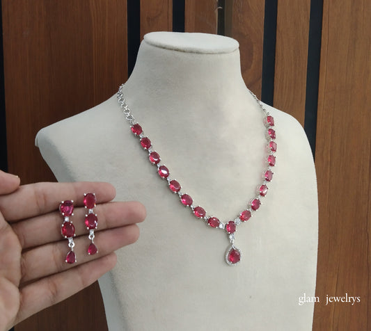 Silver Ruby American Diamond AD Guneet Necklace Set /Indian Necklace Set
