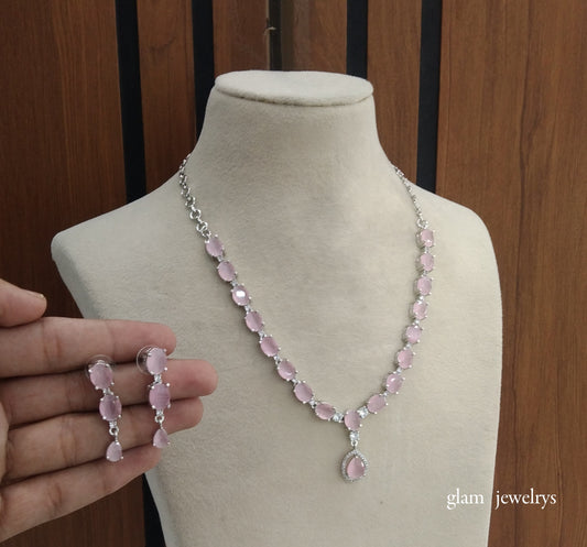 Silver Pink American Diamond AD Guneet Necklace Set /Indian Necklace Set