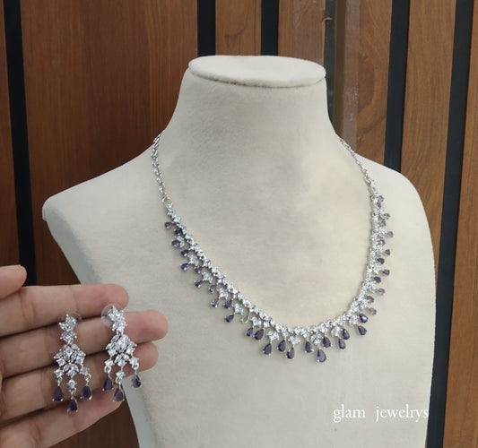 Silver Blue American Diamond AD Anita Necklace Set /Indian Necklace Set