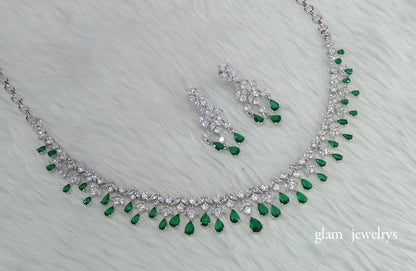 Silver Green American Diamond AD Anita Necklace Set /Indian Necklace Set