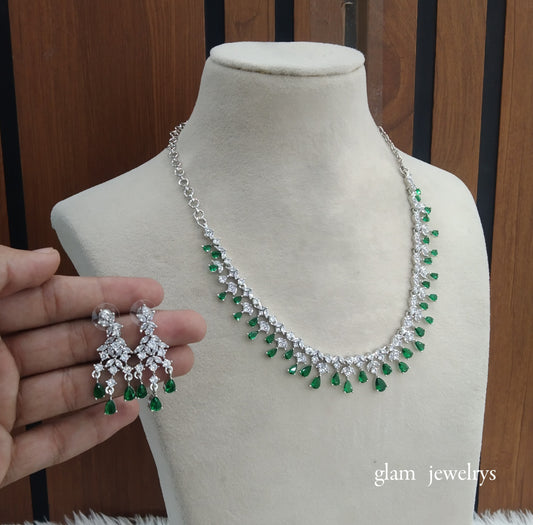 Silver Green American Diamond AD Anita Necklace Set /Indian Necklace Set