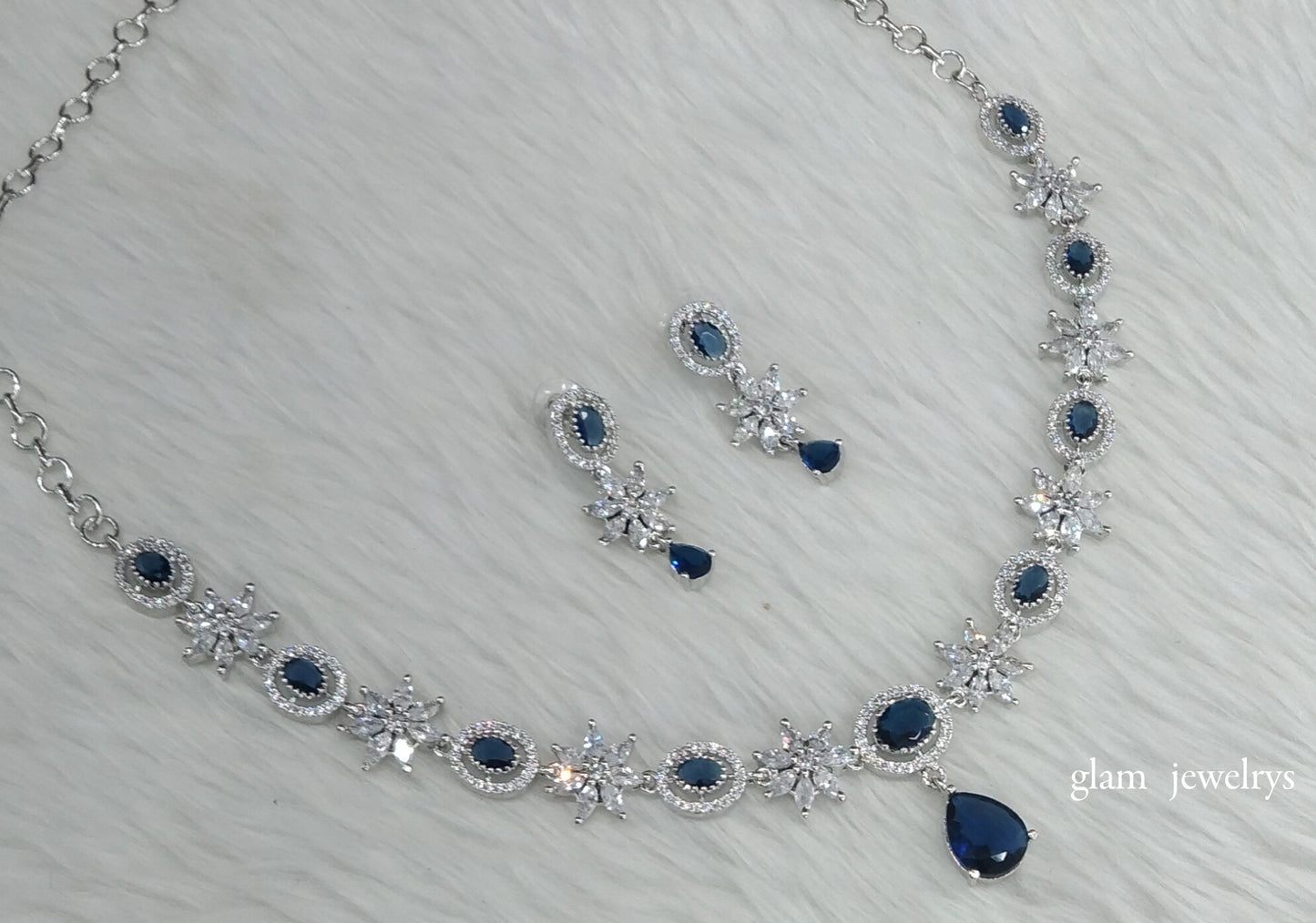 Silver Blue American Diamond AD Tania Necklace Set /Indian Necklace Set