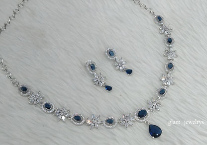 Silver Blue American Diamond AD Tania Necklace Set /Indian Necklace Set
