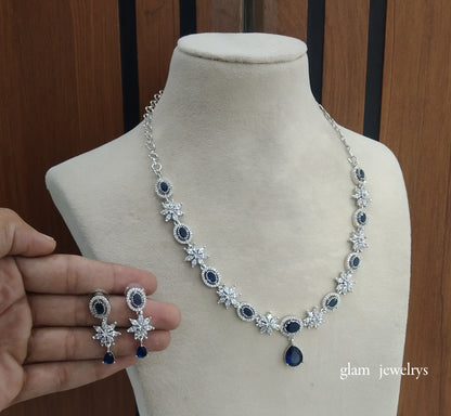 Silver Blue American Diamond AD Tania Necklace Set /Indian Necklace Set