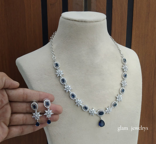 Silver Blue American Diamond AD Tania Necklace Set /Indian Necklace Set