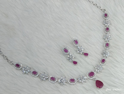 Silver Dark Pink American Diamond AD Tania Necklace Set /Indian Necklace Set