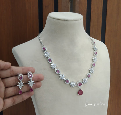 Silver Dark Pink American Diamond AD Tania Necklace Set /Indian Necklace Set
