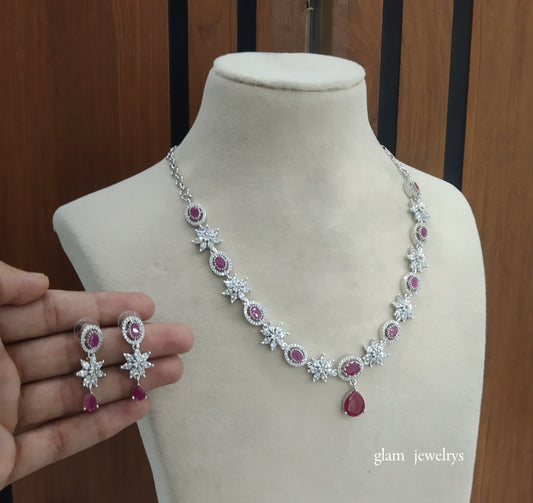 Silver Dark Pink American Diamond AD Tania Necklace Set /Indian Necklace Set