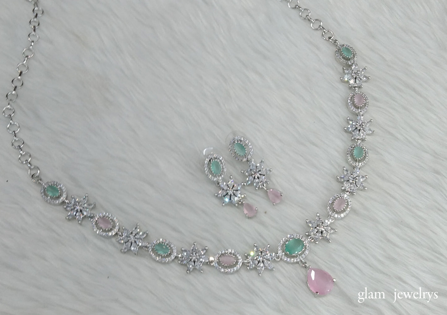Silver Mint Pink American Diamond AD Tania Necklace Set /Indian Necklace Set