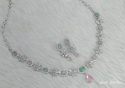 Silver Mint Pink American Diamond AD Tania Necklace Set /Indian Necklace Set