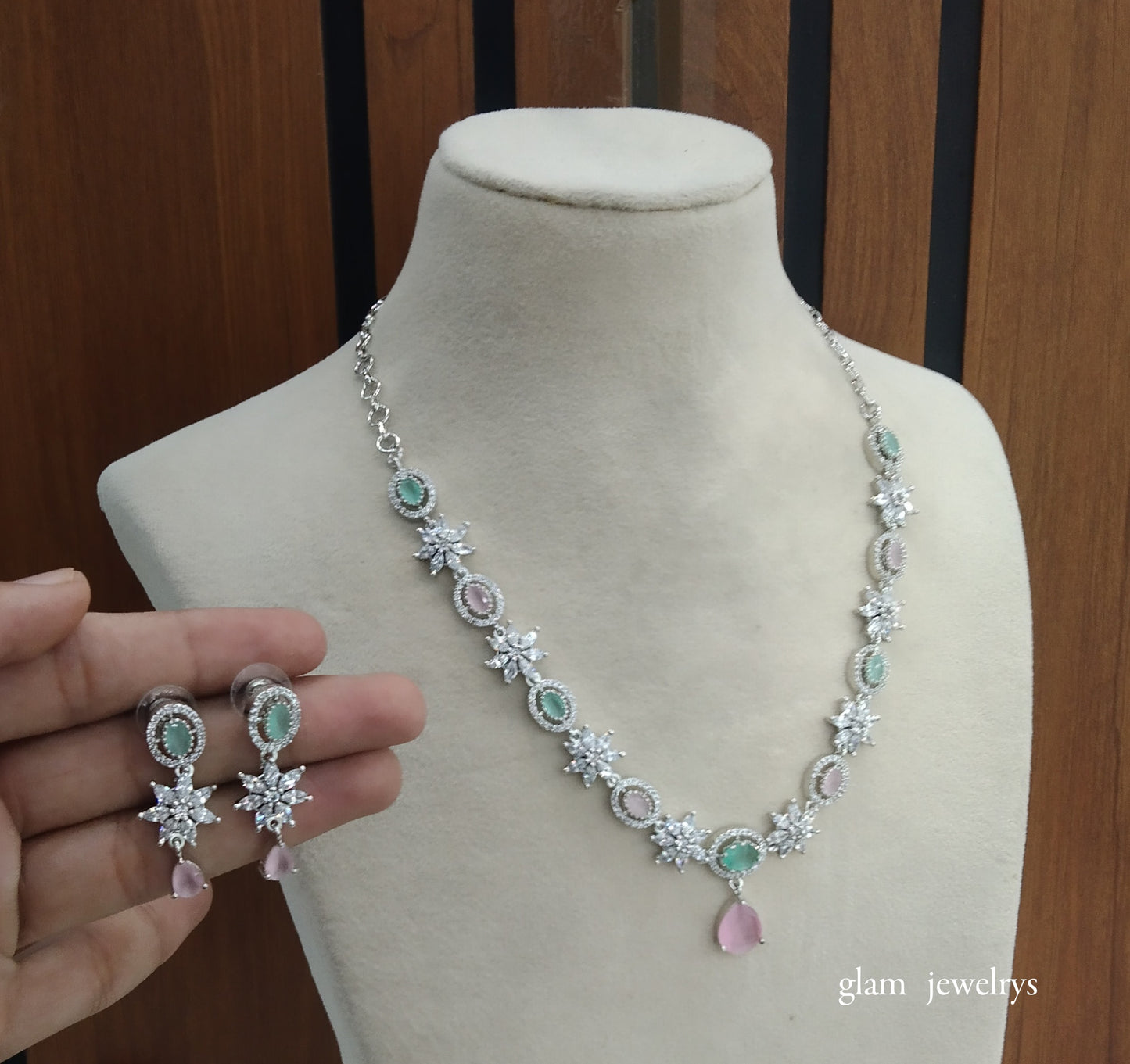 Silver Mint Pink American Diamond AD Tania Necklace Set /Indian Necklace Set