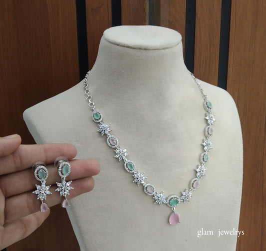 Silver Mint Pink American Diamond AD Tania Necklace Set /Indian Necklace Set