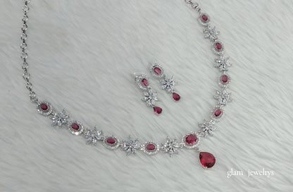 Silver Ruby American Diamond AD Tania Necklace Set /Indian Necklace Set