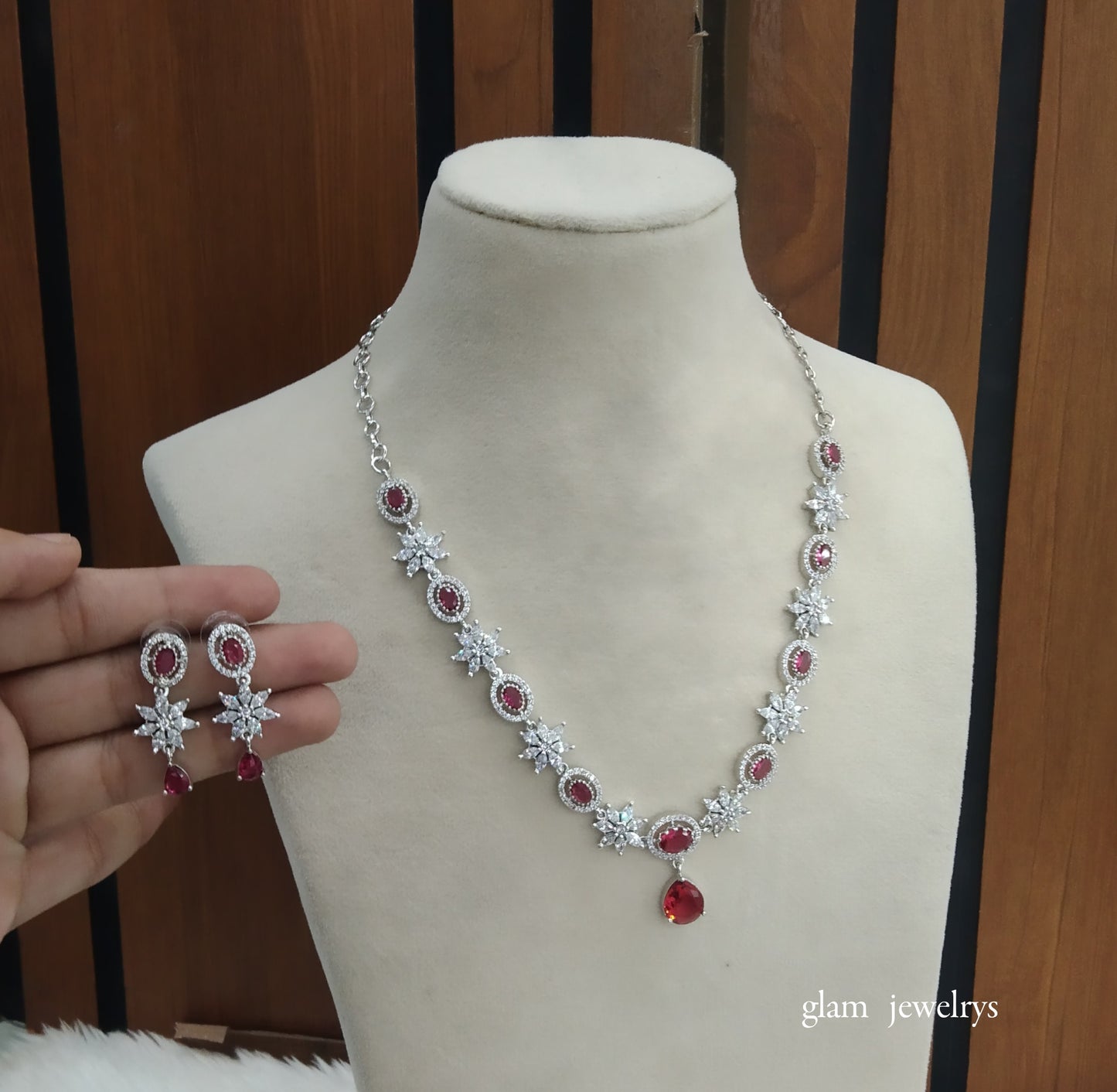 Silver Ruby American Diamond AD Tania Necklace Set /Indian Necklace Set
