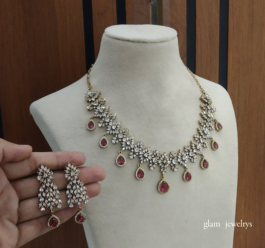 Antique Ruby American Diamond AD Simrit Necklace Set /Indian Necklace Set