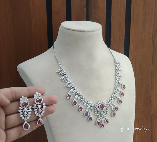 Silver Ruby American Diamond AD Karam Necklace Set /Indian Necklace Set