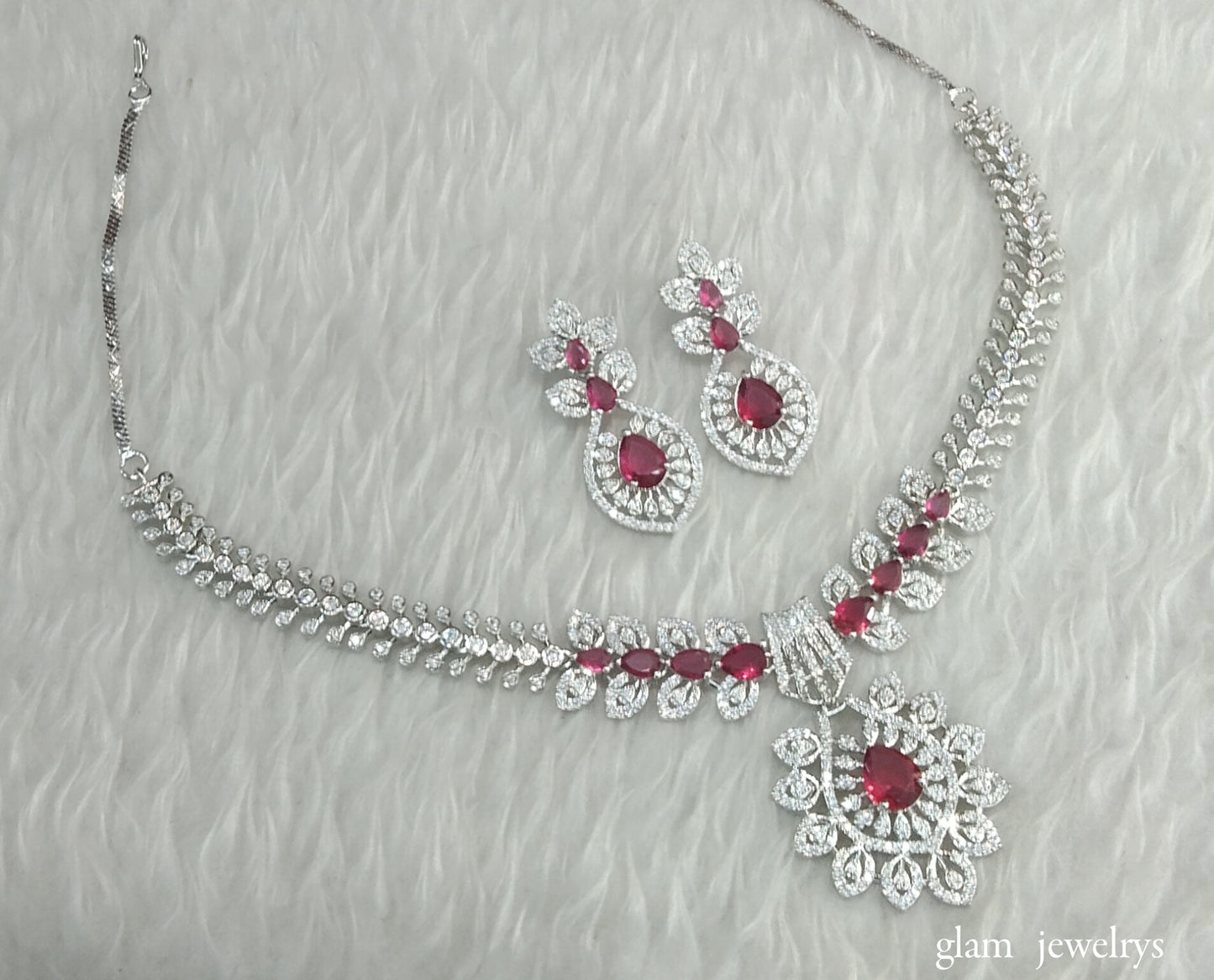 Silver Ruby American Diamond AD Karam Necklace Set /Indian Necklace Set