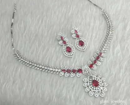 Silver Ruby American Diamond AD Karam Necklace Set /Indian Necklace Set