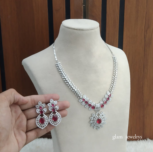 Silver Ruby American Diamond AD Karam Necklace Set /Indian Necklace Set