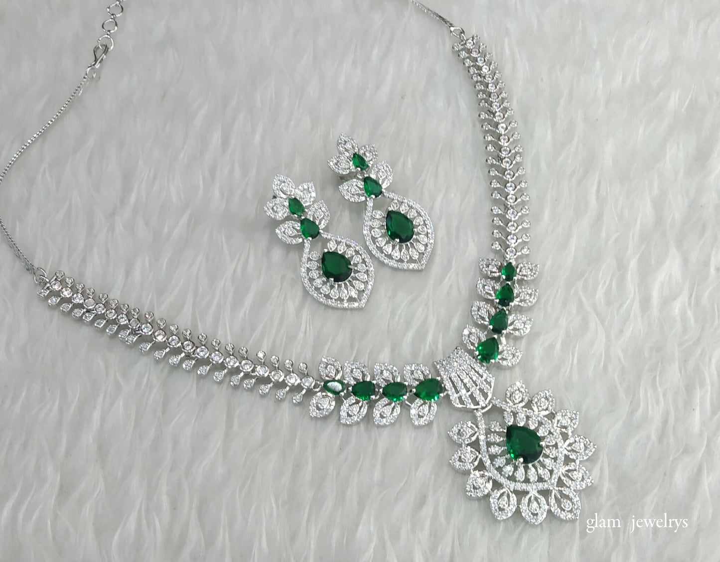 Silver Green American Diamond AD Karam Necklace Set /Indian Necklace Set