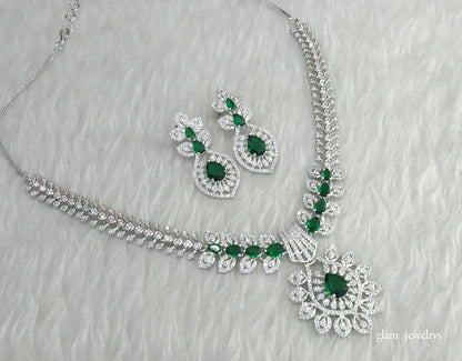 Silver Green American Diamond AD Karam Necklace Set /Indian Necklace Set