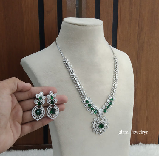 Silver Green American Diamond AD Karam Necklace Set /Indian Necklace Set