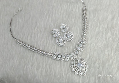 Silver American Diamond AD Karam Necklace Set /Indian Necklace Set