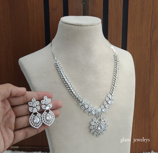 Silver American Diamond AD Karam Necklace Set /Indian Necklace Set