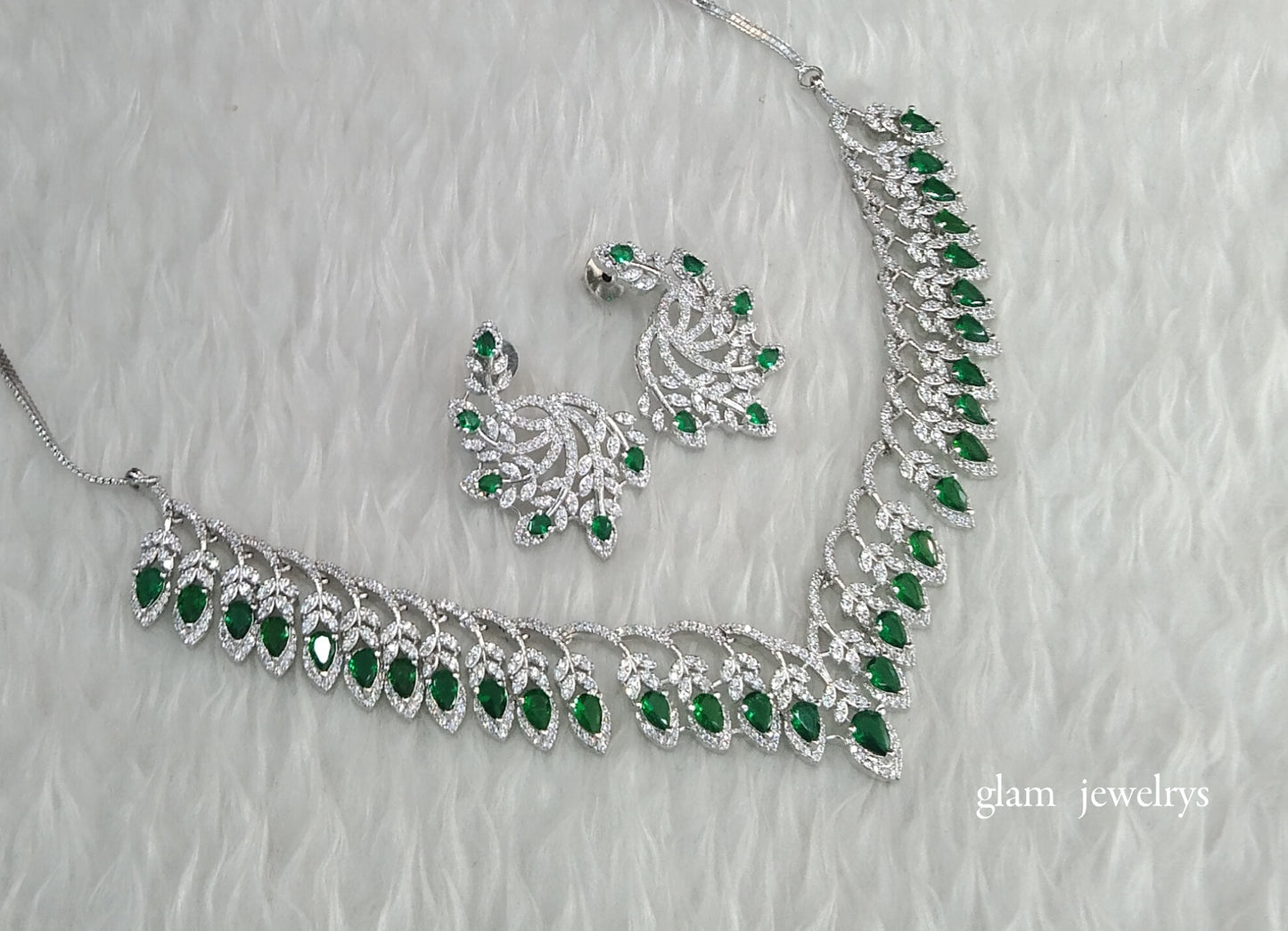 Silver Green American Diamond AD Karam Necklace Set /Indian Necklace Set