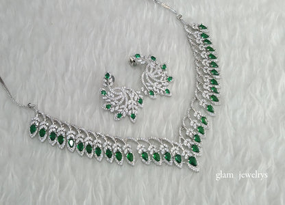 Silver Green American Diamond AD Karam Necklace Set /Indian Necklace Set