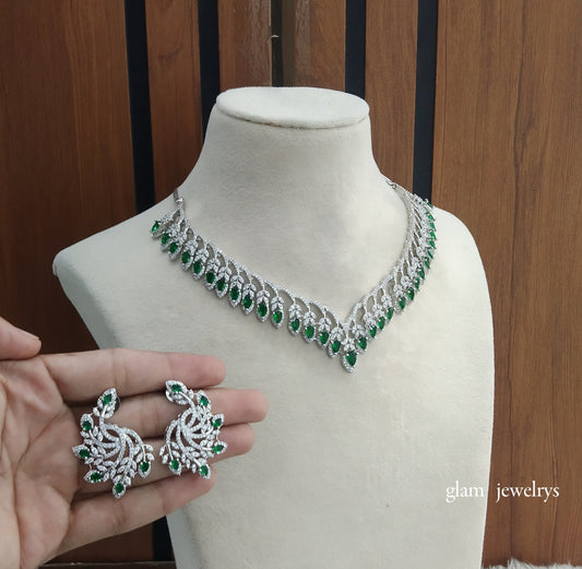 Silver Green American Diamond AD Karam Necklace Set /Indian Necklace Set