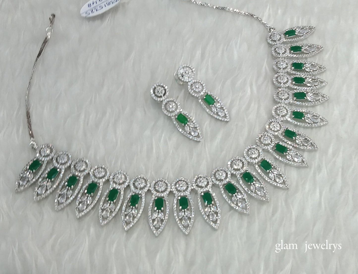 Silver Green American Diamond AD Navjot Necklace Set /Indian Necklace Set