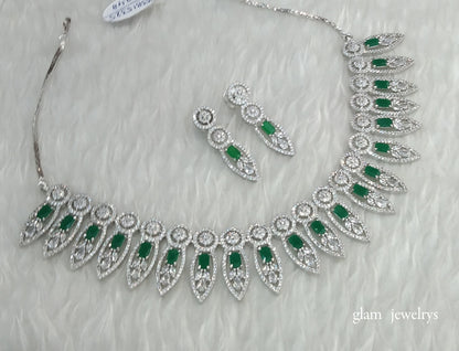 Silver Green American Diamond AD Navjot Necklace Set /Indian Necklace Set