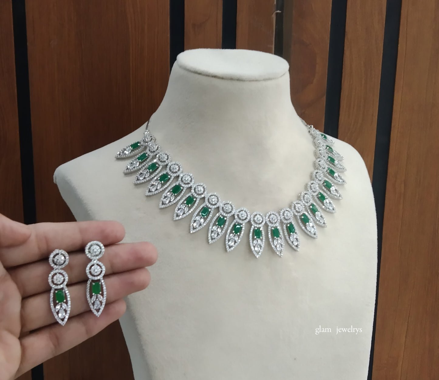 Silver Green American Diamond AD Navjot Necklace Set /Indian Necklace Set