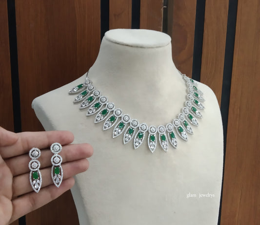 Silver Green American Diamond AD Navjot Necklace Set /Indian Necklace Set