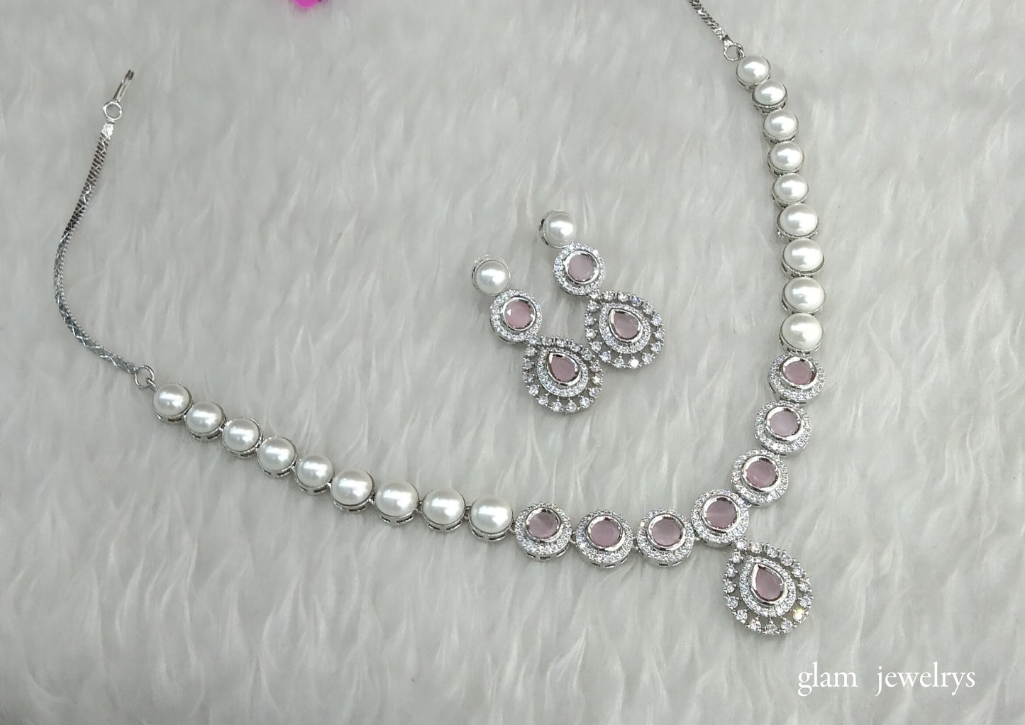 Silver Pink American Diamond AD Navjot Necklace Set /Indian Necklace Set